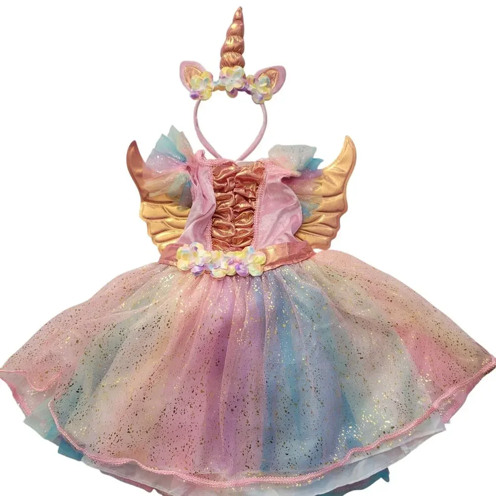 Toddler Winged Unicorn Costume Rosy Unicorn Glitter Dress up 6T Rainbow Tail